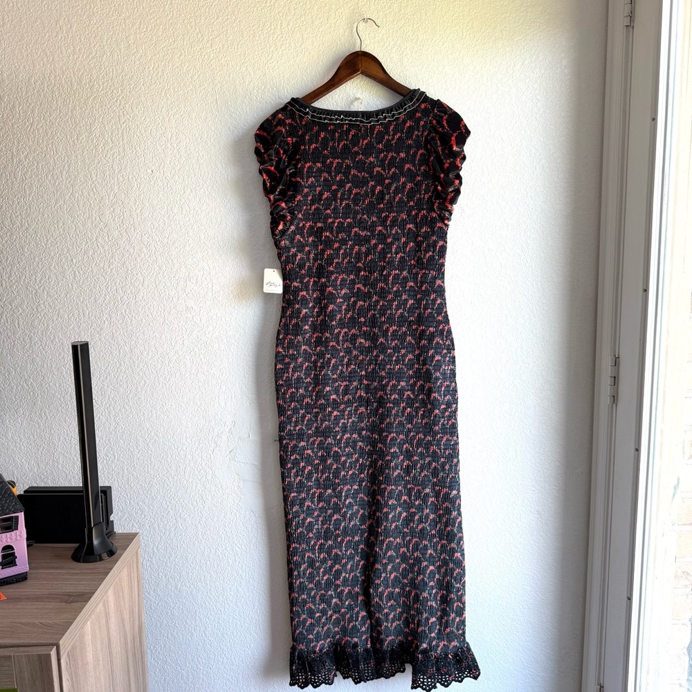 NWT Free People Womens Dress Black Red McKenna Smocked Floral Midi Size Large - Picture 3 of 11